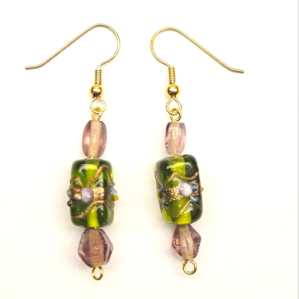 Green and Purple Lampwork Glass Beaded Earrings